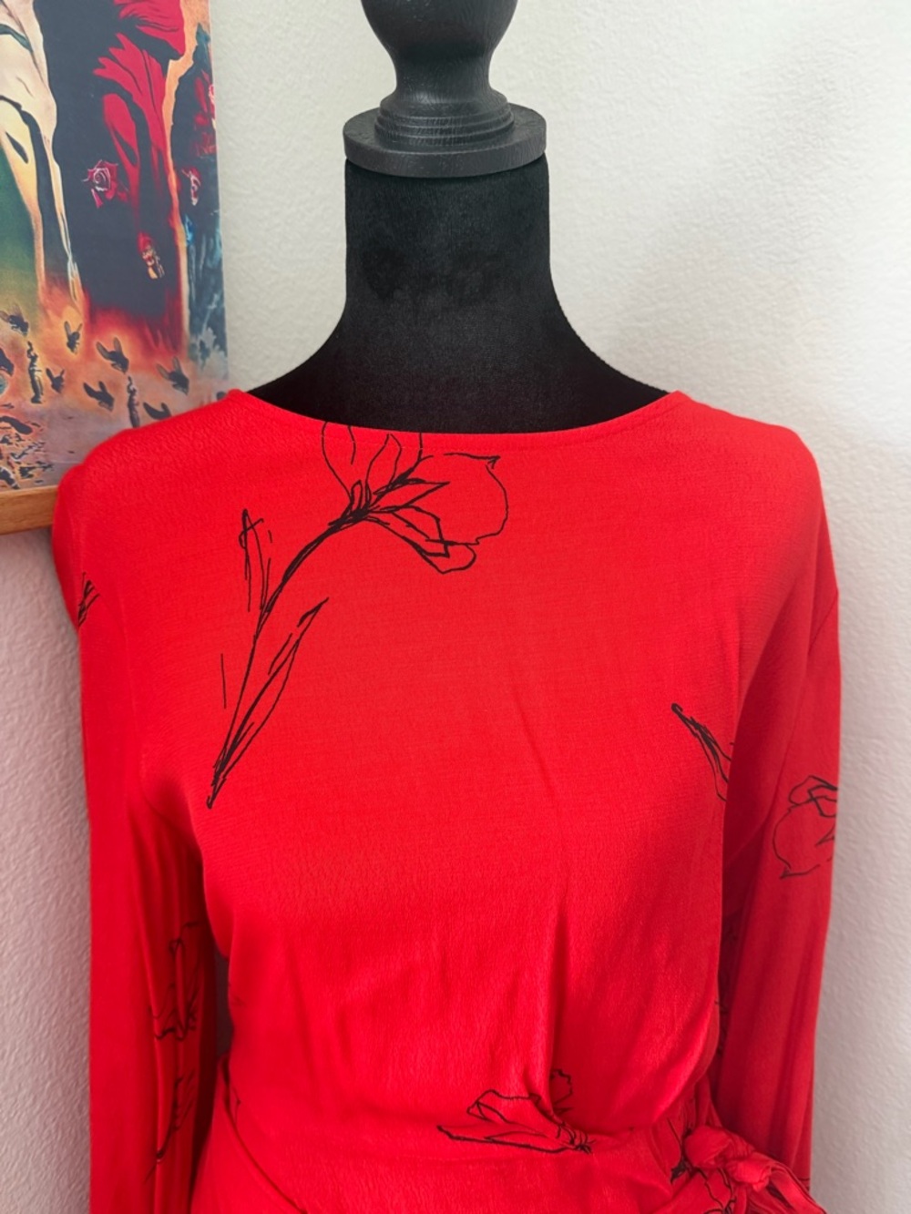 Astr Red Floral Long-Sleeve Tie-Waist Dress Size L - Picture 4 of 11